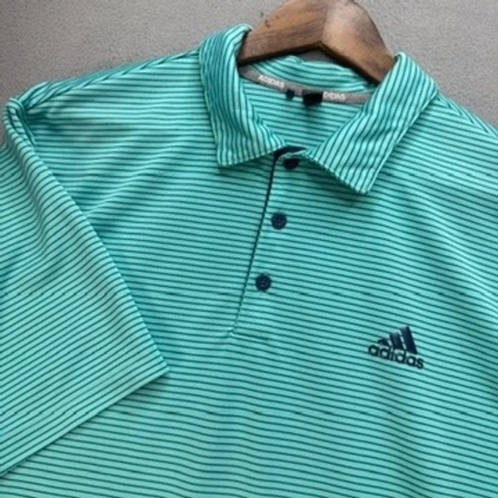 Adidas Golf Polo Shirt Mens Large L Green Striped Short Sleeve Athletic Logo
